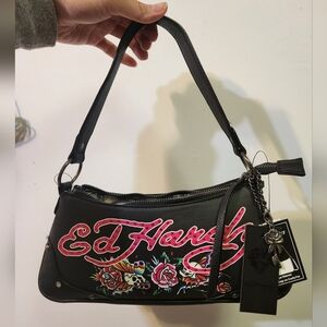 Ed Hardy Black Shoulder Bag with Pink Script and Floral Tattoo Art